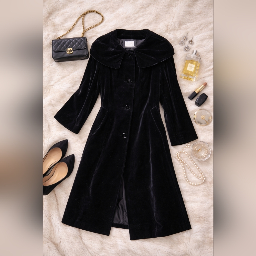 Vtg 50s TOWNLEY Black Velvet 3 Button 3/4 Sleeve Lined Opera Coat. Ladies Med